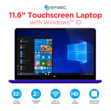 Ematic 11.6" Laptop, Touchscreen, 2-in-1, Windows 10, Intel Atom Quad-Core Processor, 2GB RAM, 32GB Flash Storage (EWT117)